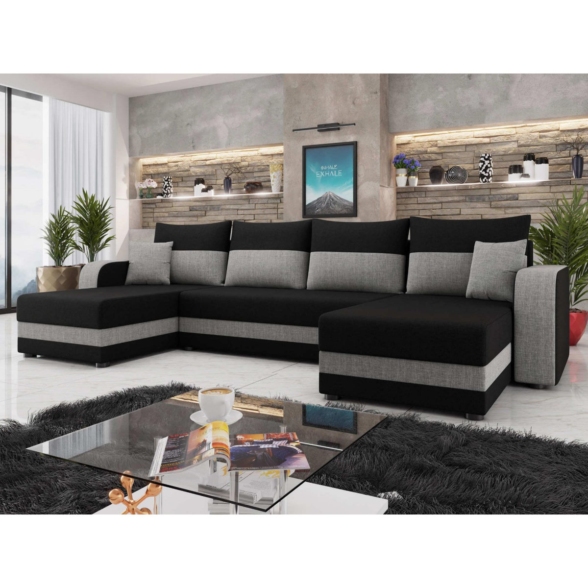 BEST MOBILIER Harvey - canapé panoramique en u 7 places convertible avec coffre en tissu bicolore