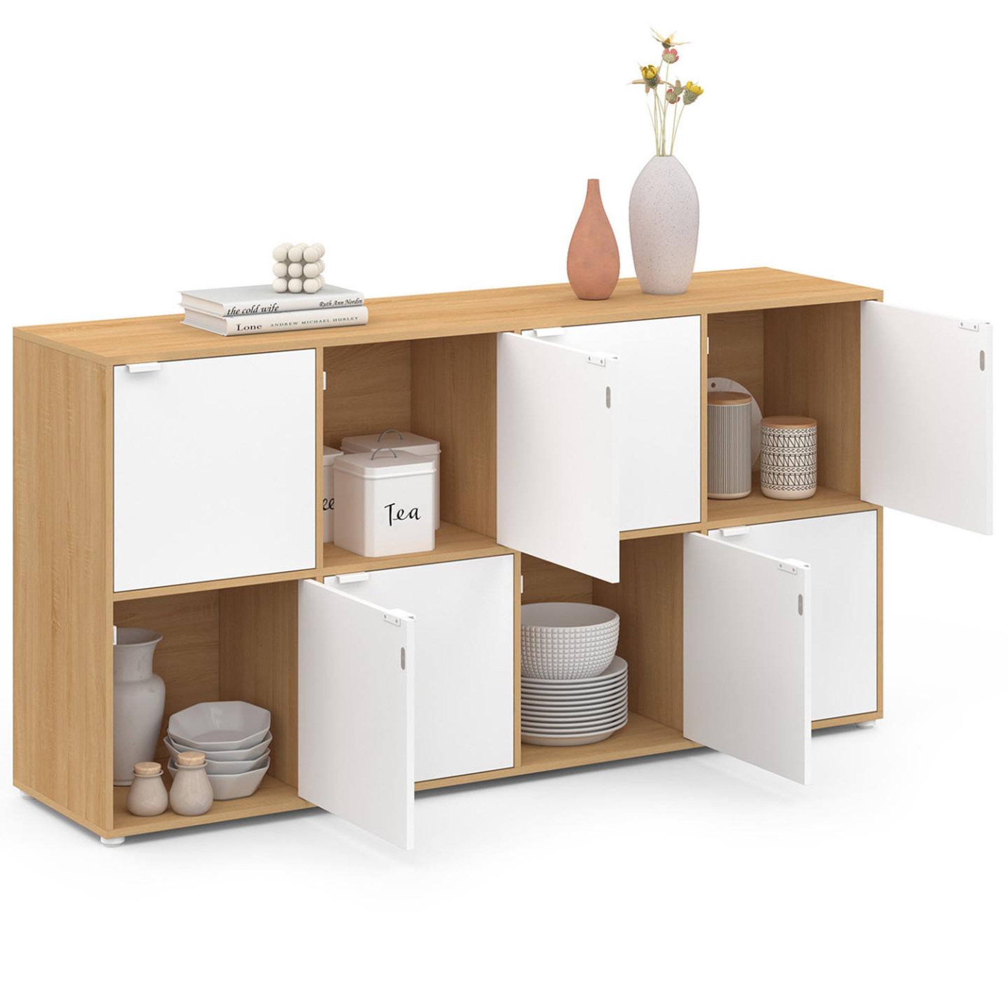 Voir la diapositive 4 : ID MARKET Buffet casier 139 cm cassie 8 portes blanc et bois