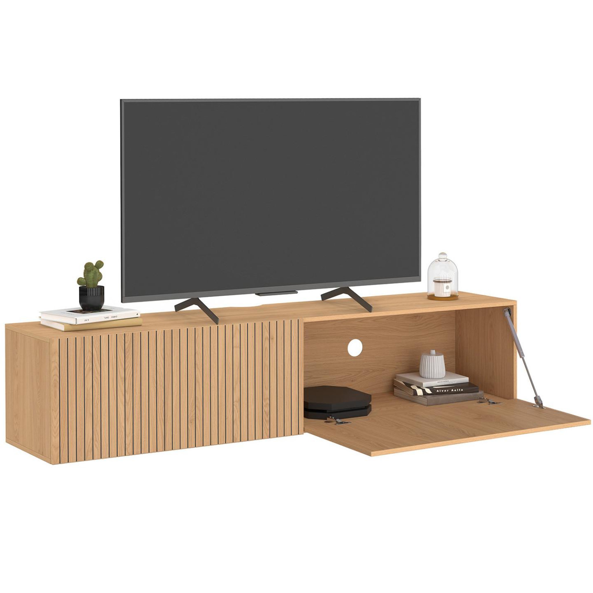 Voir la diapositive 4 : ID MARKET Meuble tv 140 cm suspendu juliette 2 portes lattes tasseau bois coloris chêne