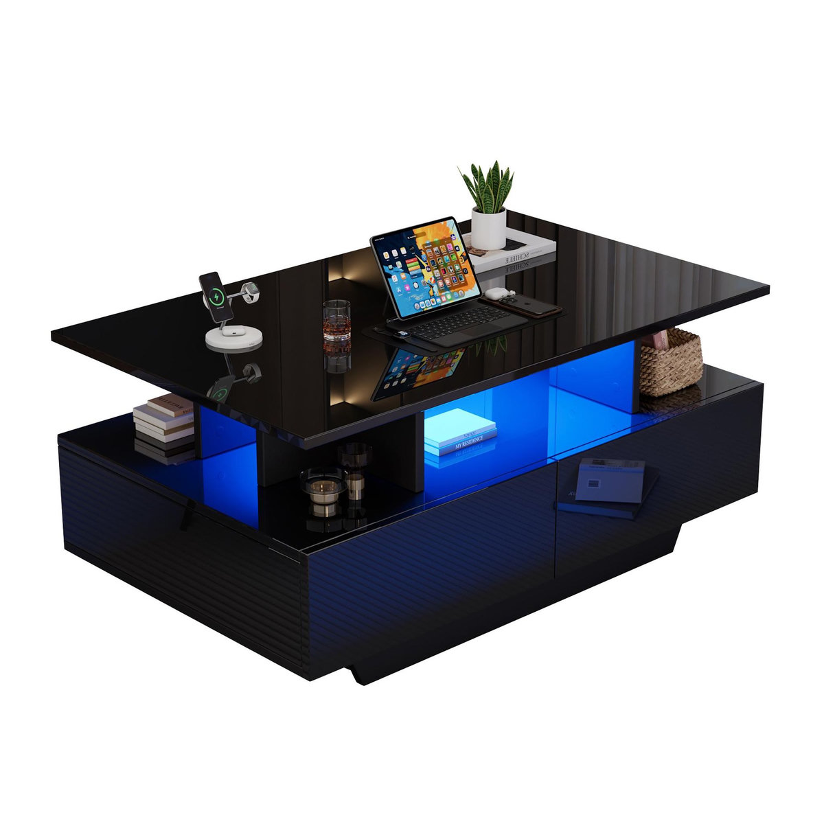 MERAX Table Basse Avec 2 Tiroirs Et LED