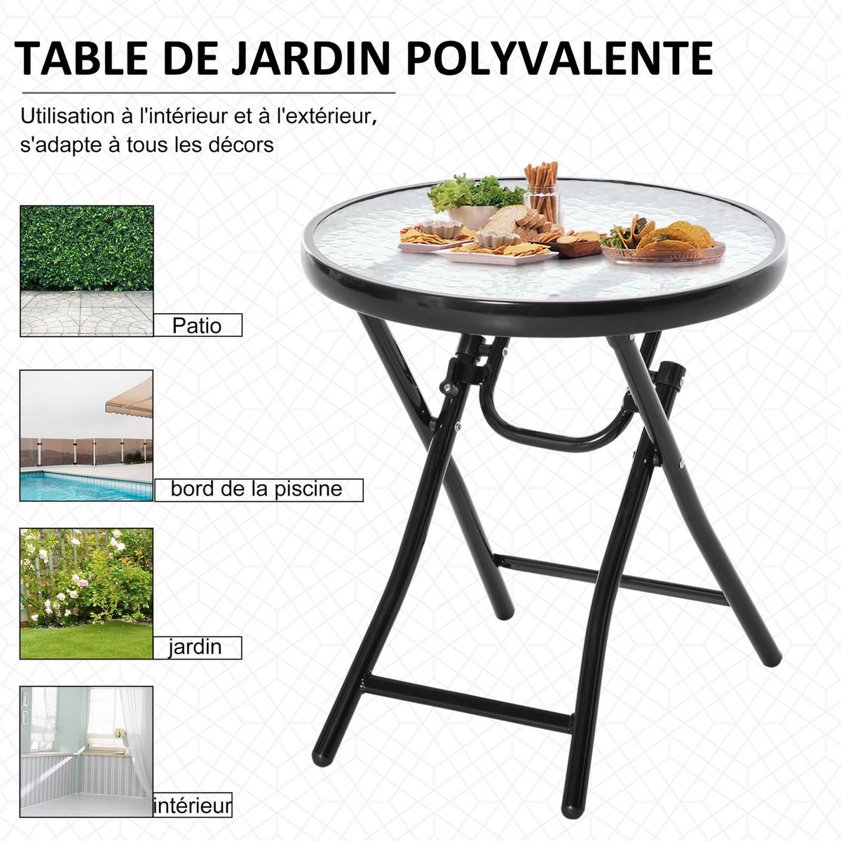 OUTSUNNY Table basse ronde bistro de jardin Ø 45 x 50H cm pliable métal époxy noir plateau verre trempé