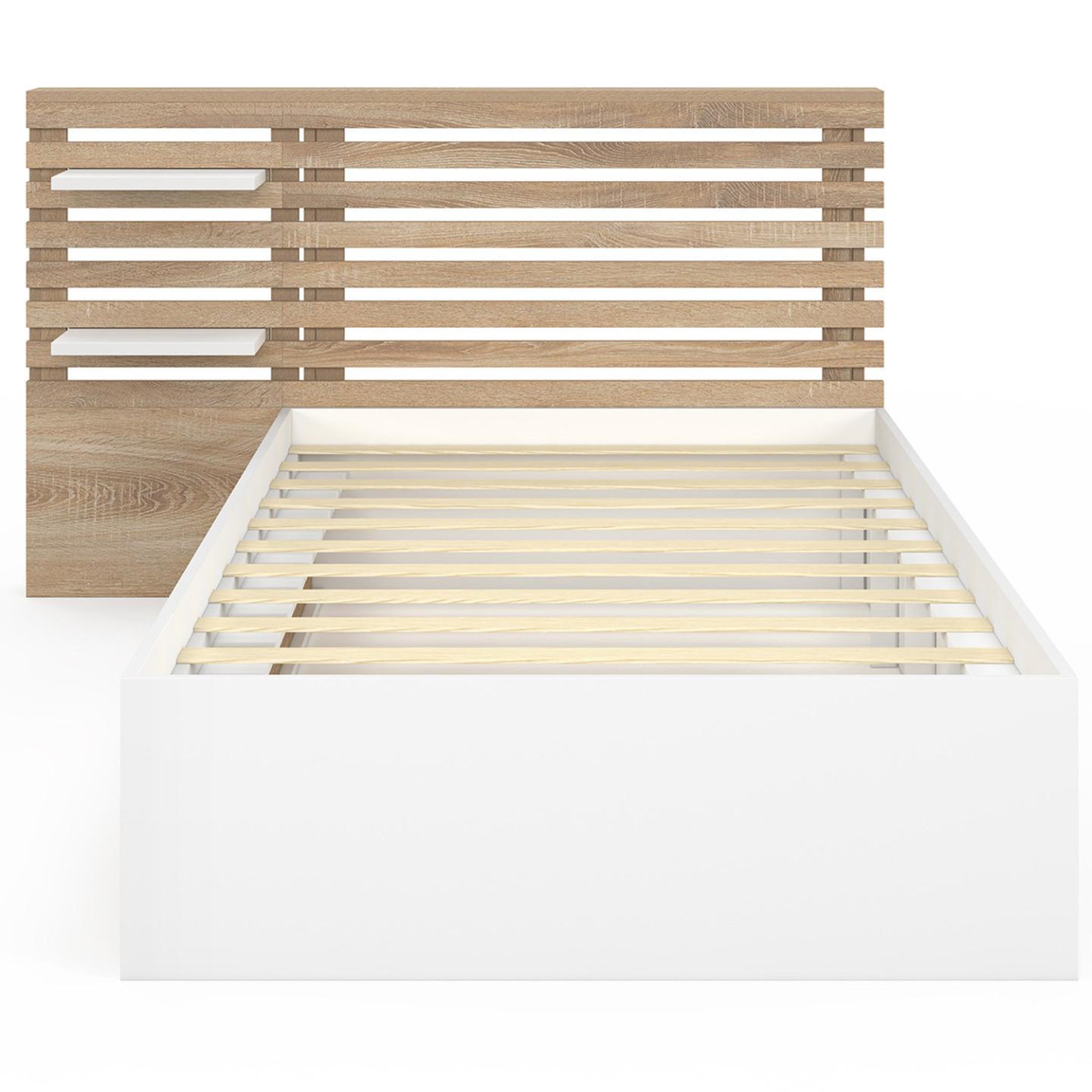 Voir la diapositive 3 : ID MARKET Lit simple savana avec tête de lit, chevets, rangements et sommier 90 x 190 cm façon hêtre et blanc