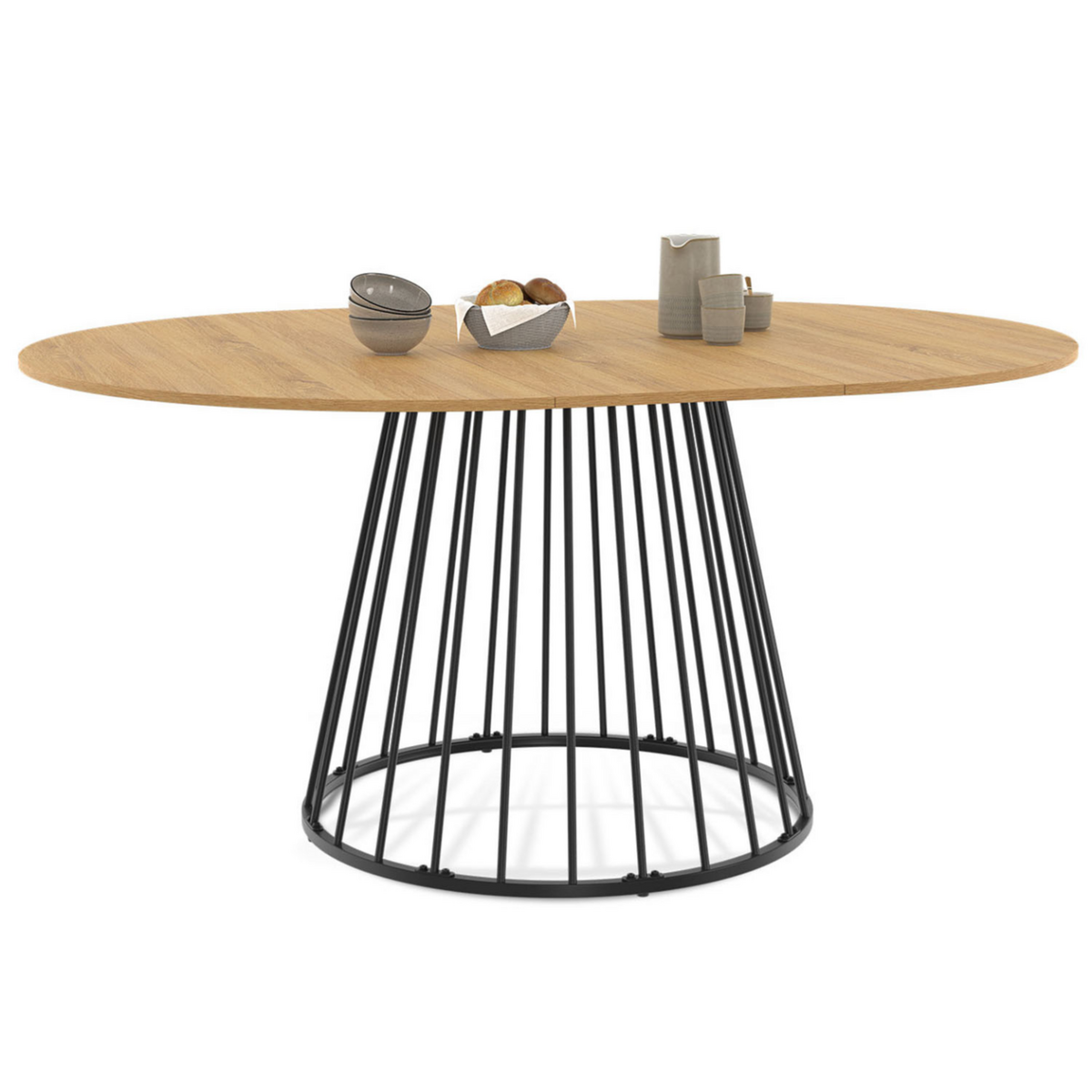 ID MARKET Table à manger extensible ronde YUNA 4-8 pers plateau bois et pied filaire en métal 110 - 150 cm