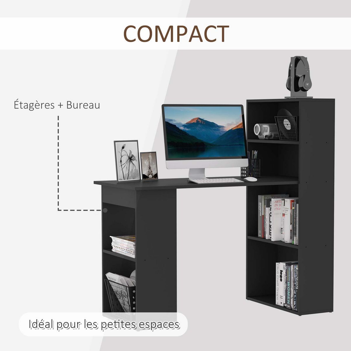 HOMCOM Bureau informatique 120L x 55l x 120H cm bibliothèque adjacente multi-rangements noir