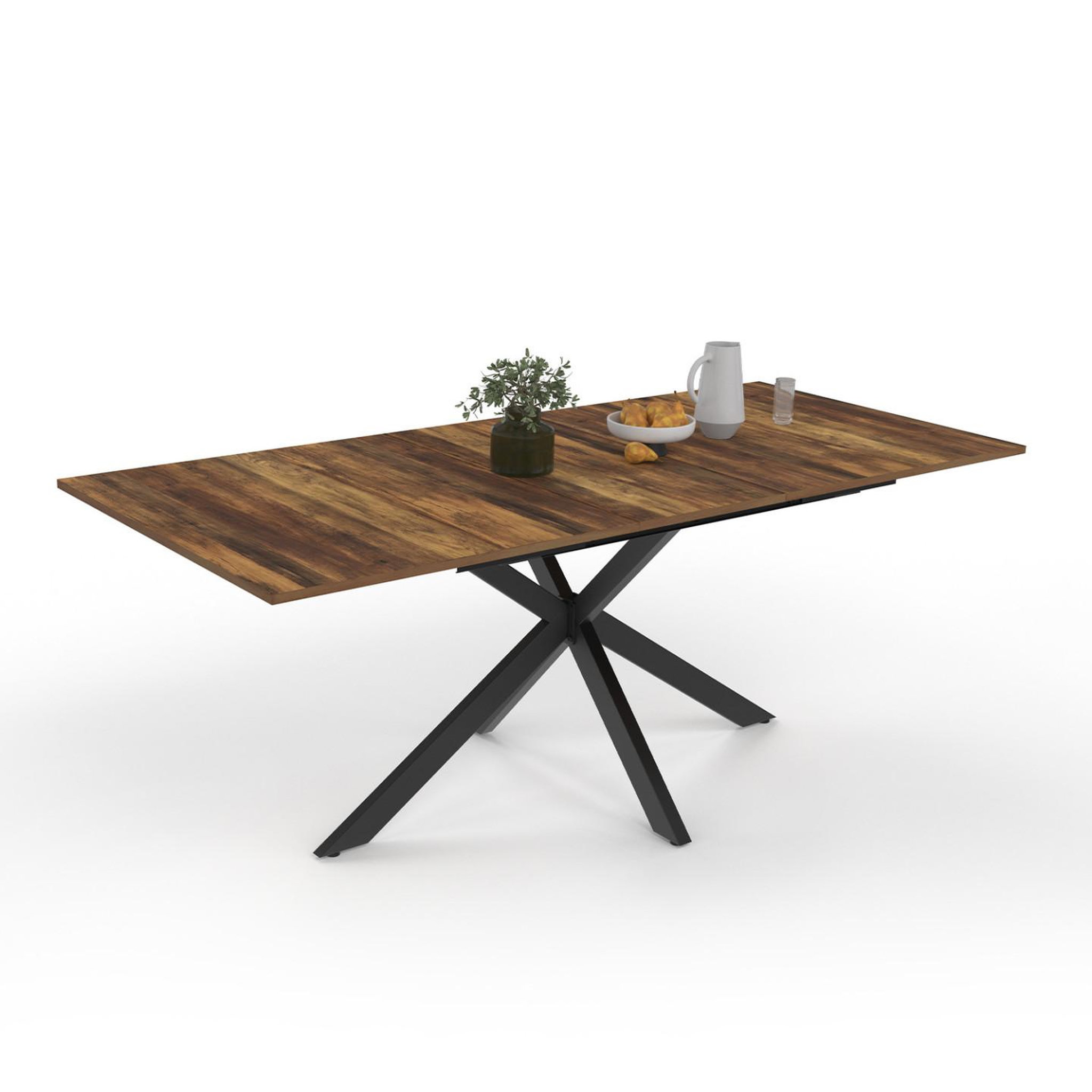 ID MARKET Table à manger extensible rectangle ALIX 6-10 personnes pied araignée noir et noyer finition bois foncé HAWKINS 160-200 cm
