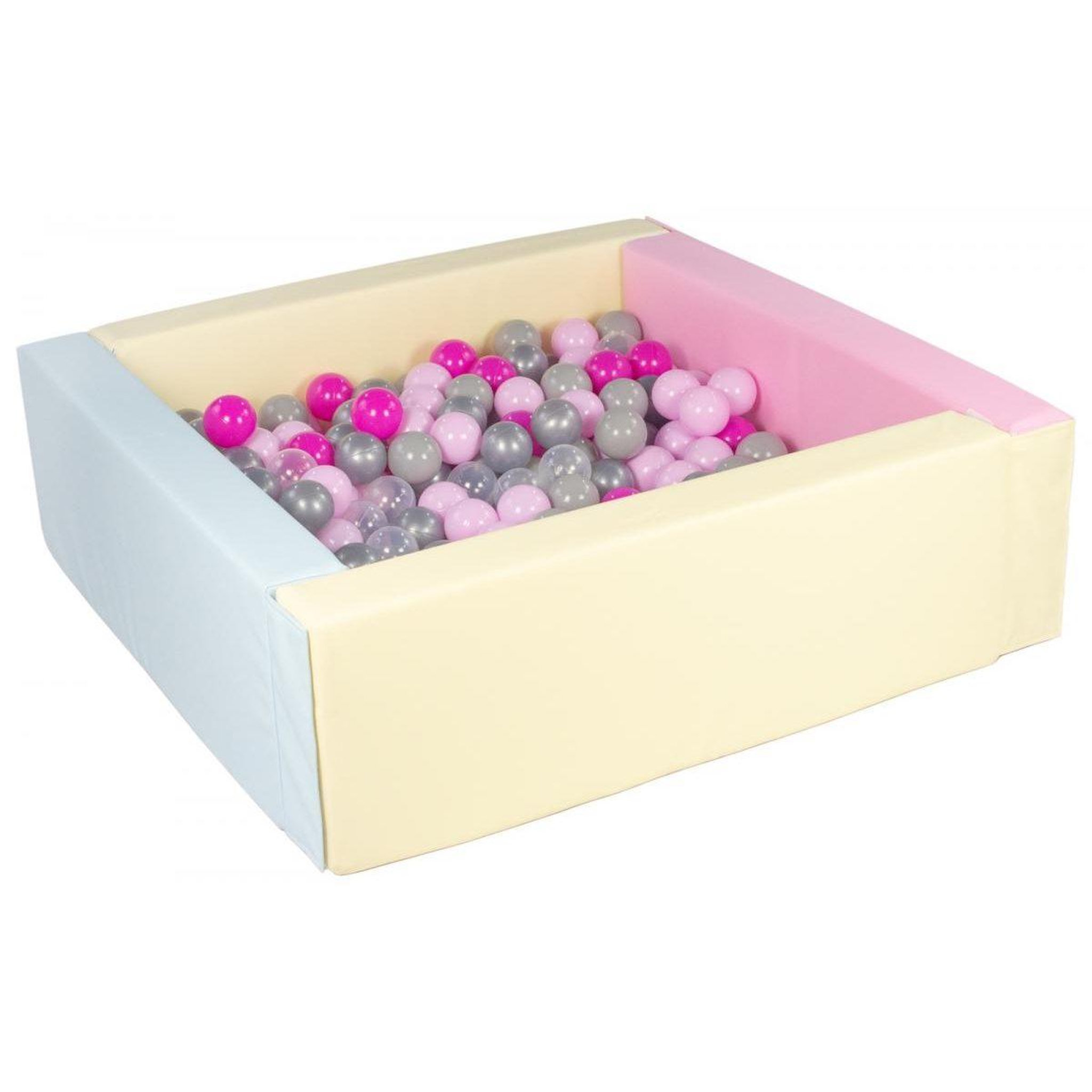 VELINDA Piscine à balles carrée avec 300 balles-bords 3 couleurs/transparent rose gris, argent rose (pastel)