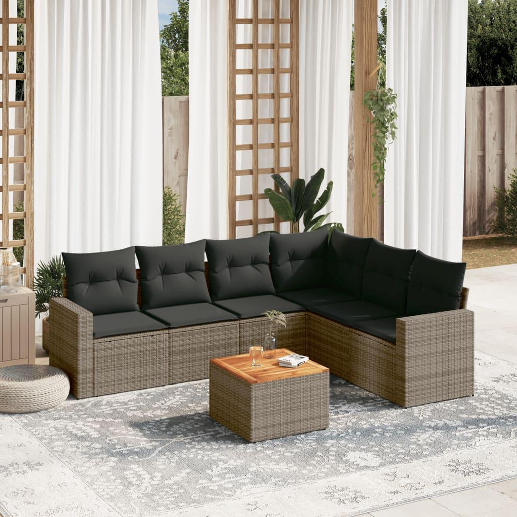 VIDAXL Salon de jardin avec coussins 7 pcs gris resine tressee