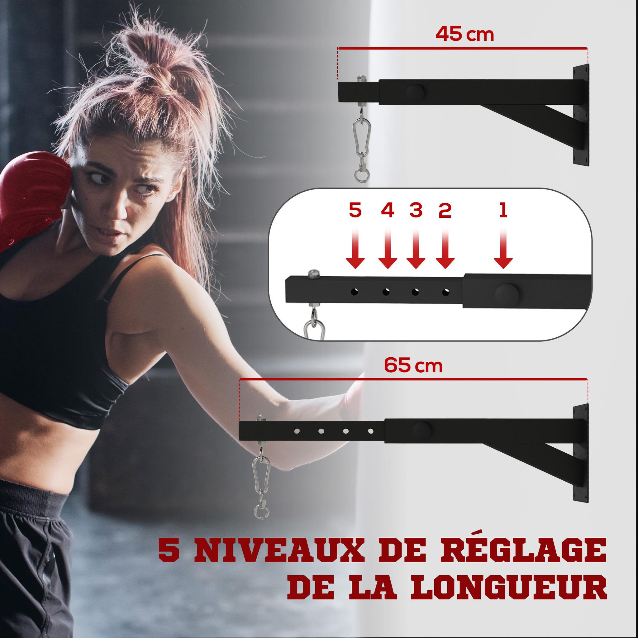 Voir la diapositive 4 : HOMCOM Support sac de boxe fixation sac de frappe réglable charge max. 60 kg acier noir