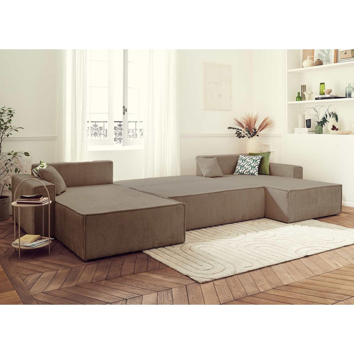 BEST MOBILIER Dellia - canapé panoramique en u - 7 places - convertible - avec coffre - en velours côtelé