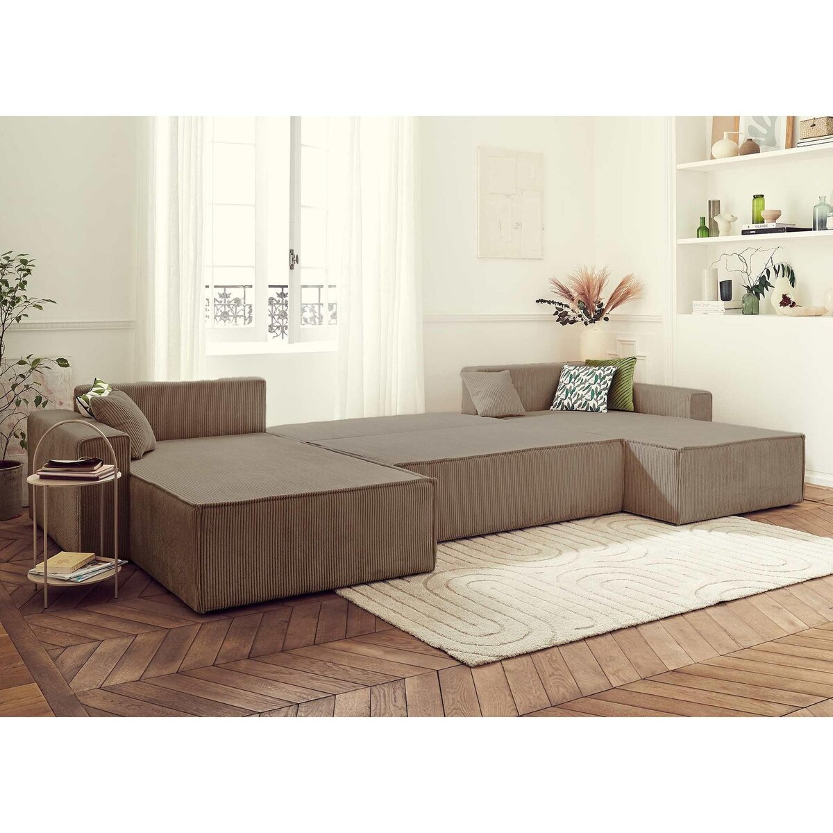 BEST MOBILIER Dellia - canapé panoramique en u - 7 places - convertible - avec coffre - en velours côtelé