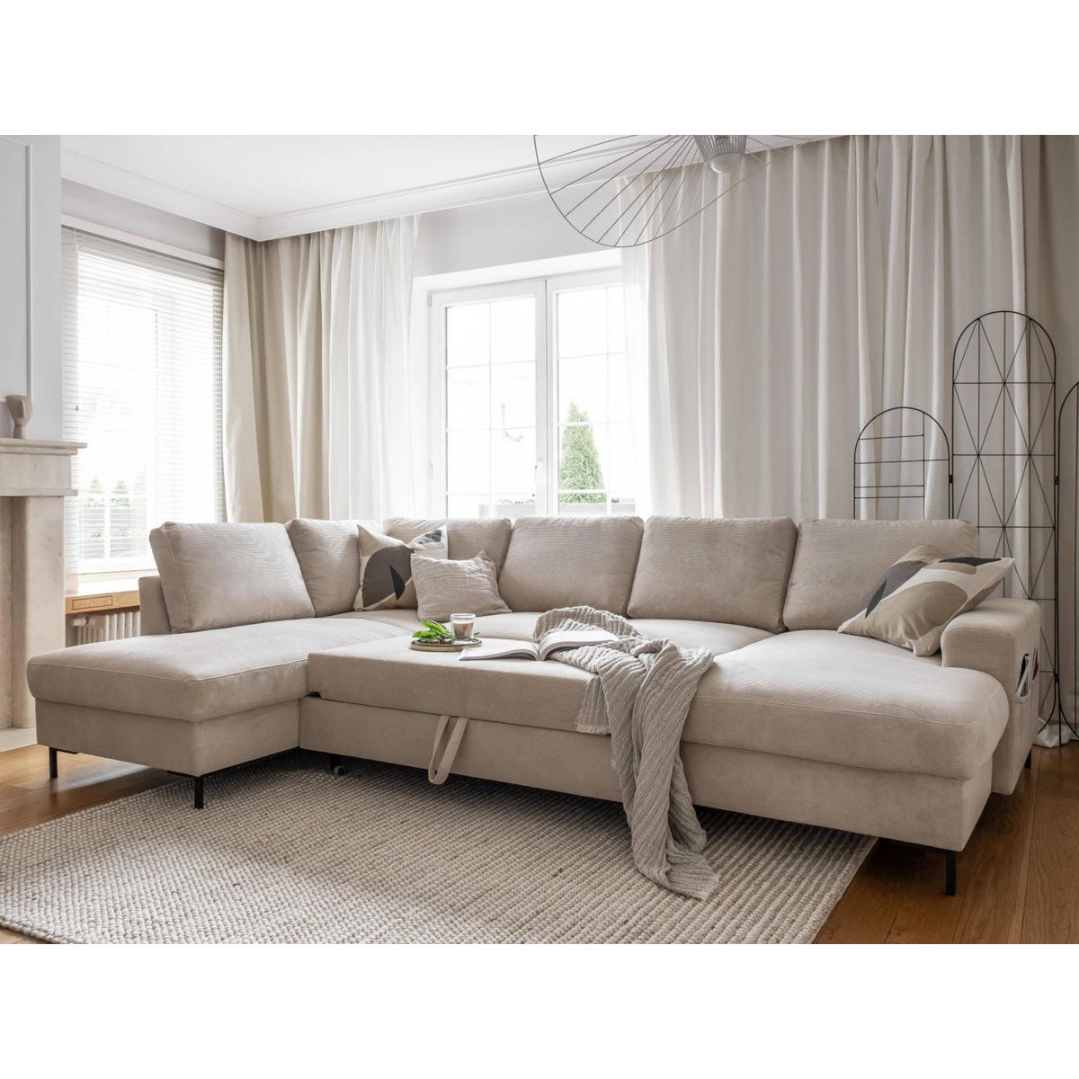 BEST MOBILIER Lilly - canapé panoramique d'angle gauche - 7 places - convertible avec coffre - en velours côtelé