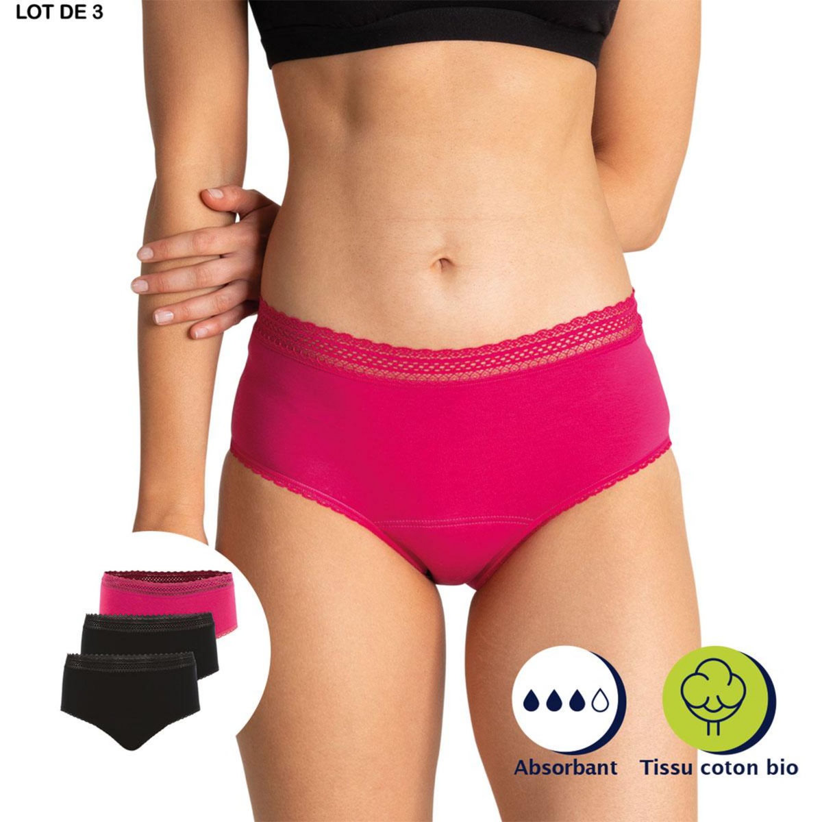 Athena Lot de 3 culottes taille haute pour les règles Coton bio Secret