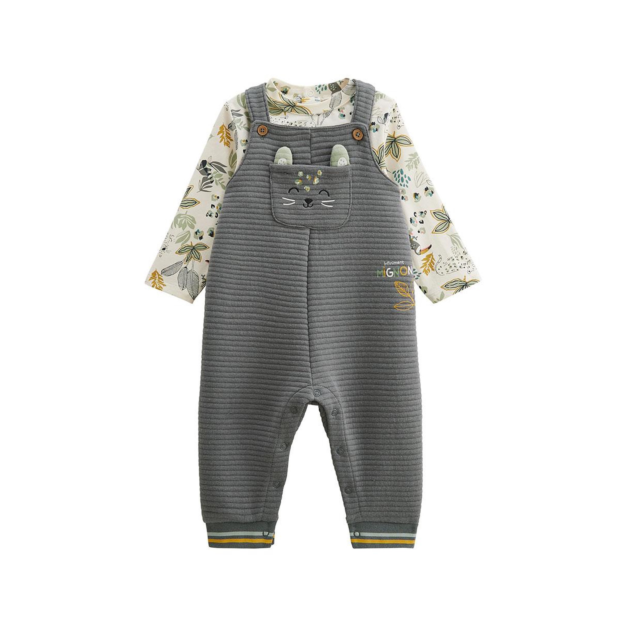 Petit Béguin Ensemble salopette bébé et t-shirt Boavista. Coloris disponibles : Gris