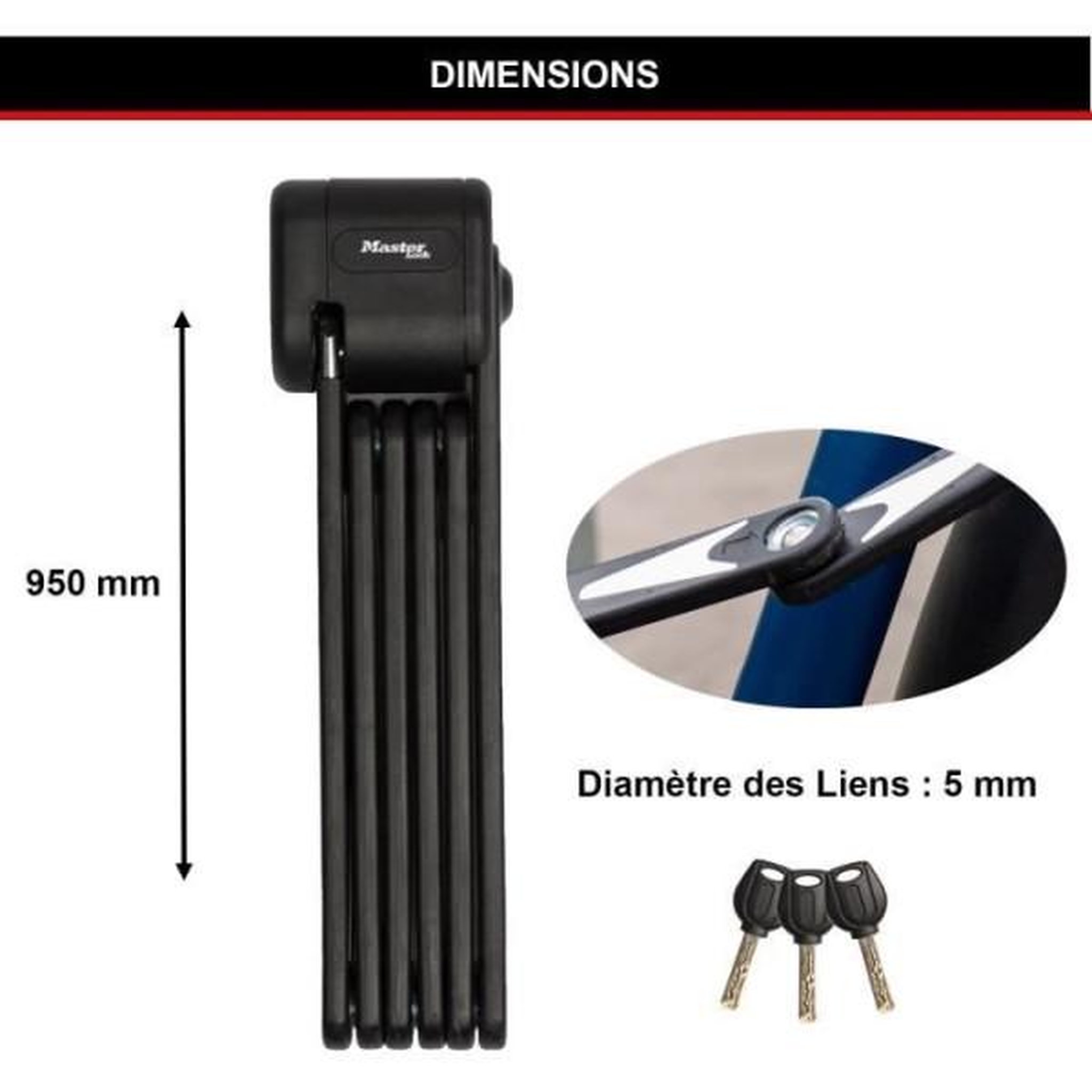 Voir la diapositive 6 : Master lock Antivol Vélo Pliable - MASTER LOCK - 8333EURDPRO - Acier Trempé, 3 Clés, Certifié, Support Inclus