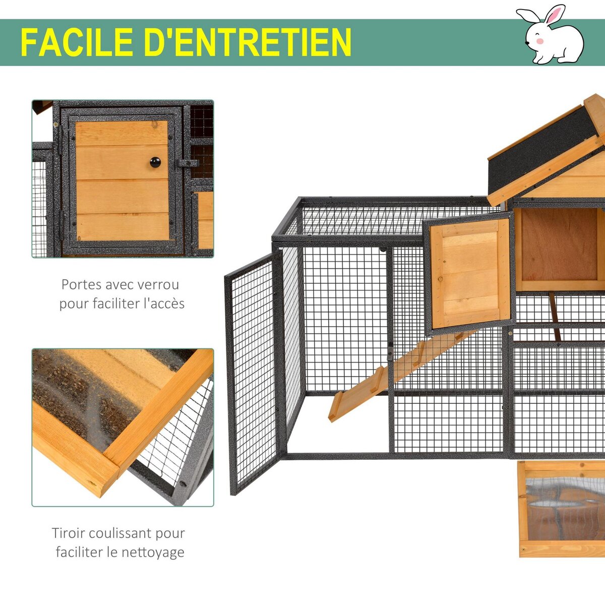 PAWHUT Clapier cage à lapins cottage - niche supérieure avec rampe et enclos extérieur - plateau excrément, fenêtre, 2 portes verrouillables - métal époxy pin pré-huilé