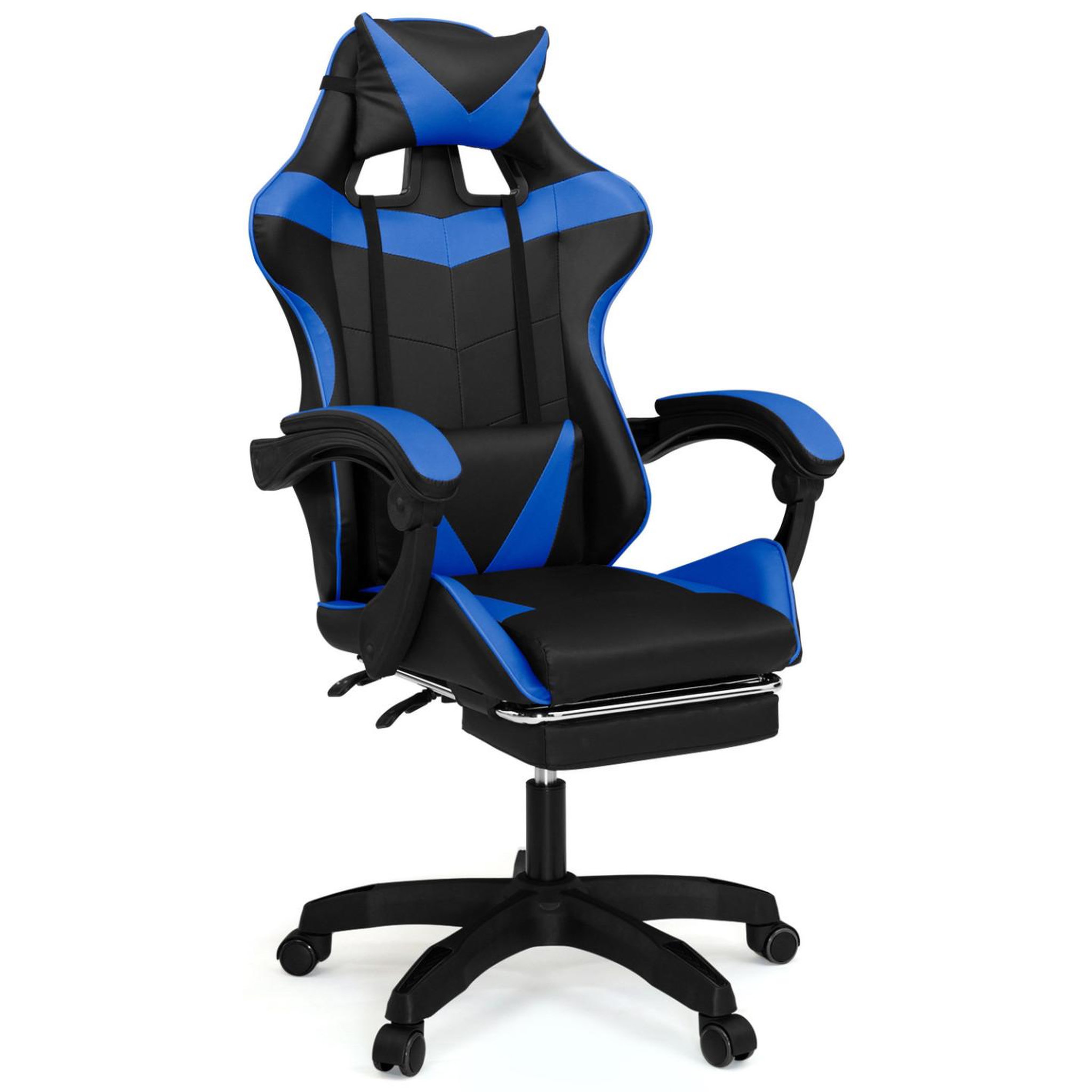 ID MARKET Fauteuil de gaming alex réglable avec repose-pied, coussin de tête et coussin lombaire noir et bleu