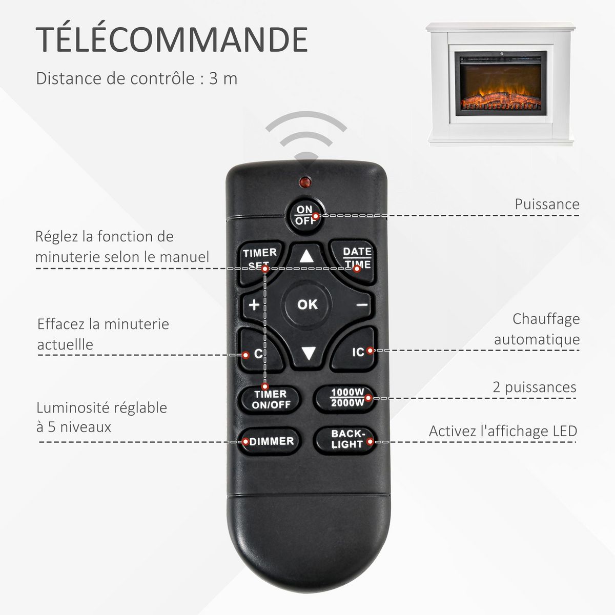 HOMCOM Cheminée électrique grande taille 2000 W  effet flammes LED minuterie température luminosité réglables télécommande fournie blanc