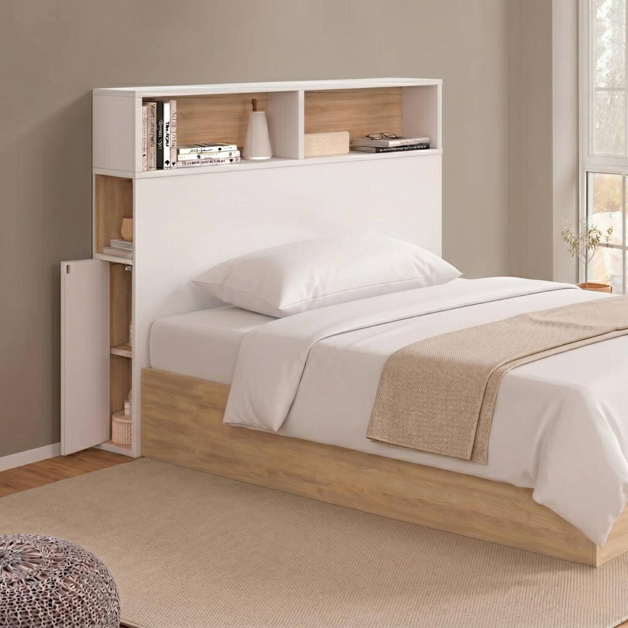 Voir la diapositive 2 : ID MARKET Tête de lit sur pied CLEO 95 cm avec rangements fermés et niches blanc et façon hêtre