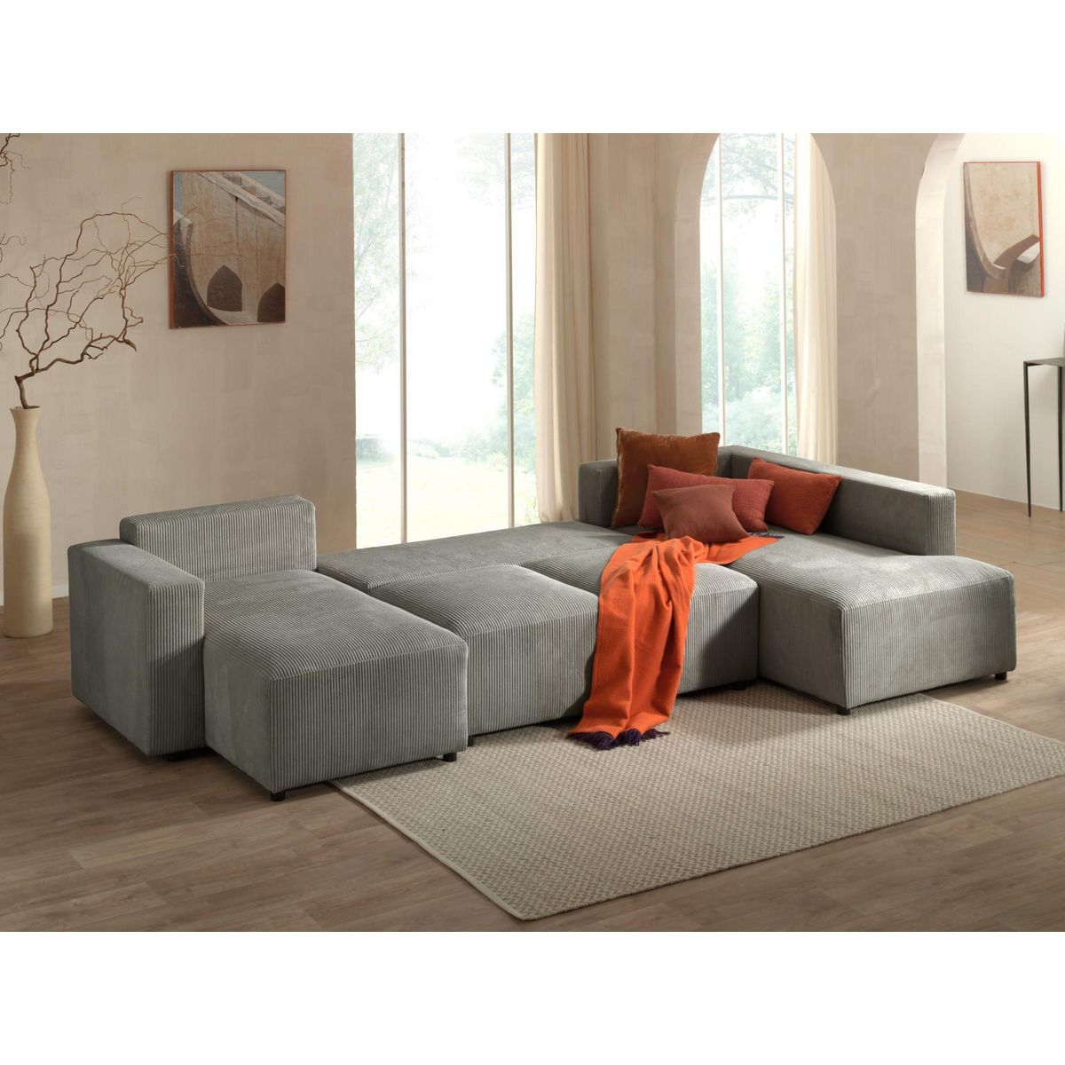 LISA DESIGN Livy - canapé panoramique convertible - avec coffre - en velours côtelé - 7 places - droit