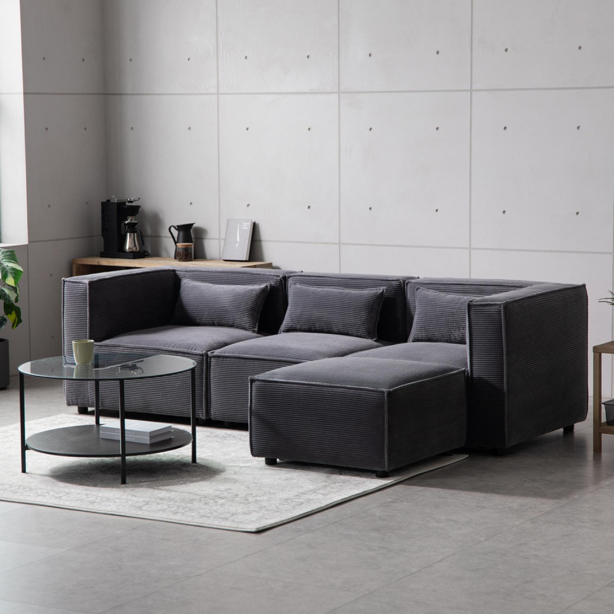 Voir la diapositive 2 : CONCEPT USINE Canapé 3 places modulable velours côtelé gris avec pouf modular
