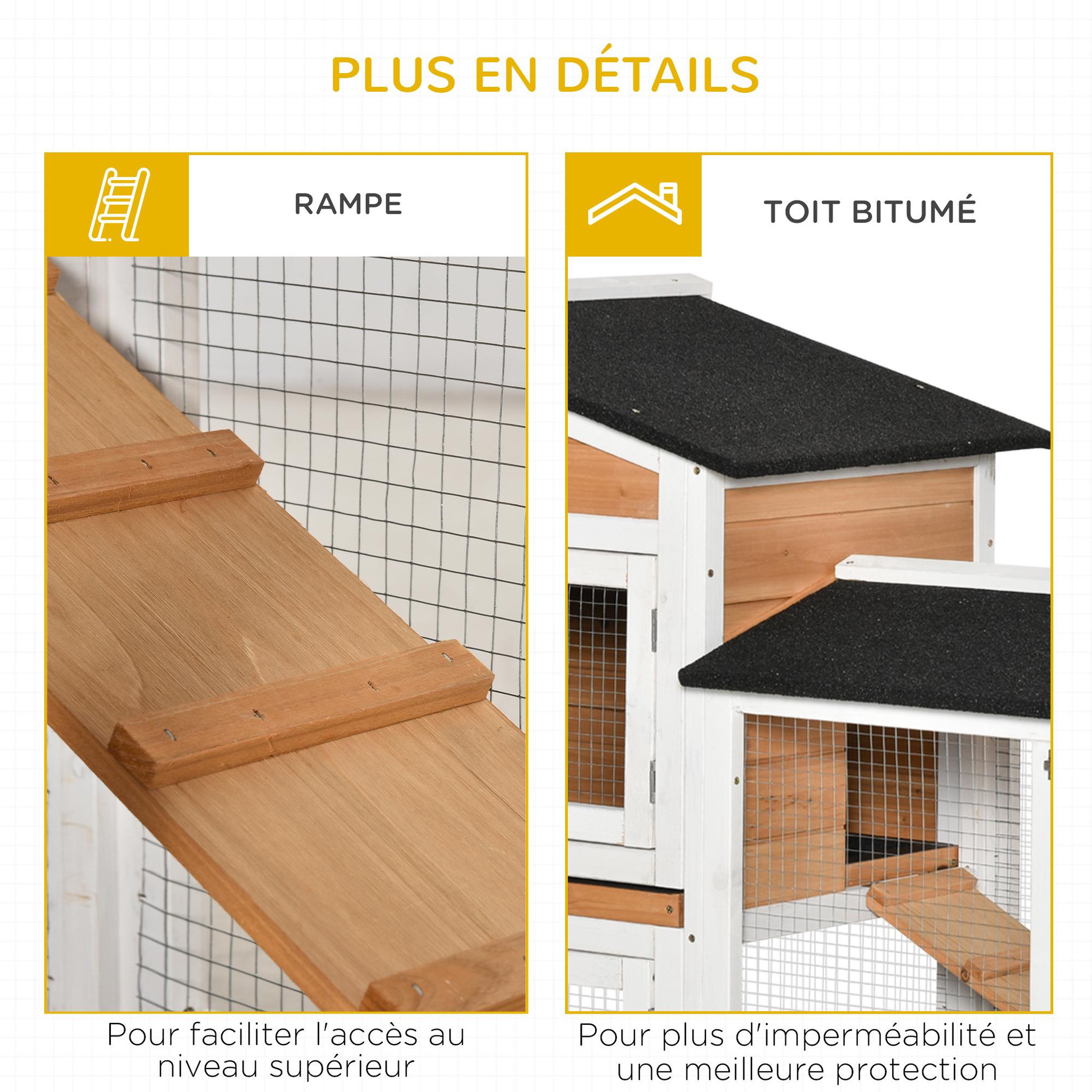 Voir la diapositive 6 : PAWHUT Clapier bois sur roulettes 2 niv. 3 plateaux déjections coulissants sapin blanc pré-huilé