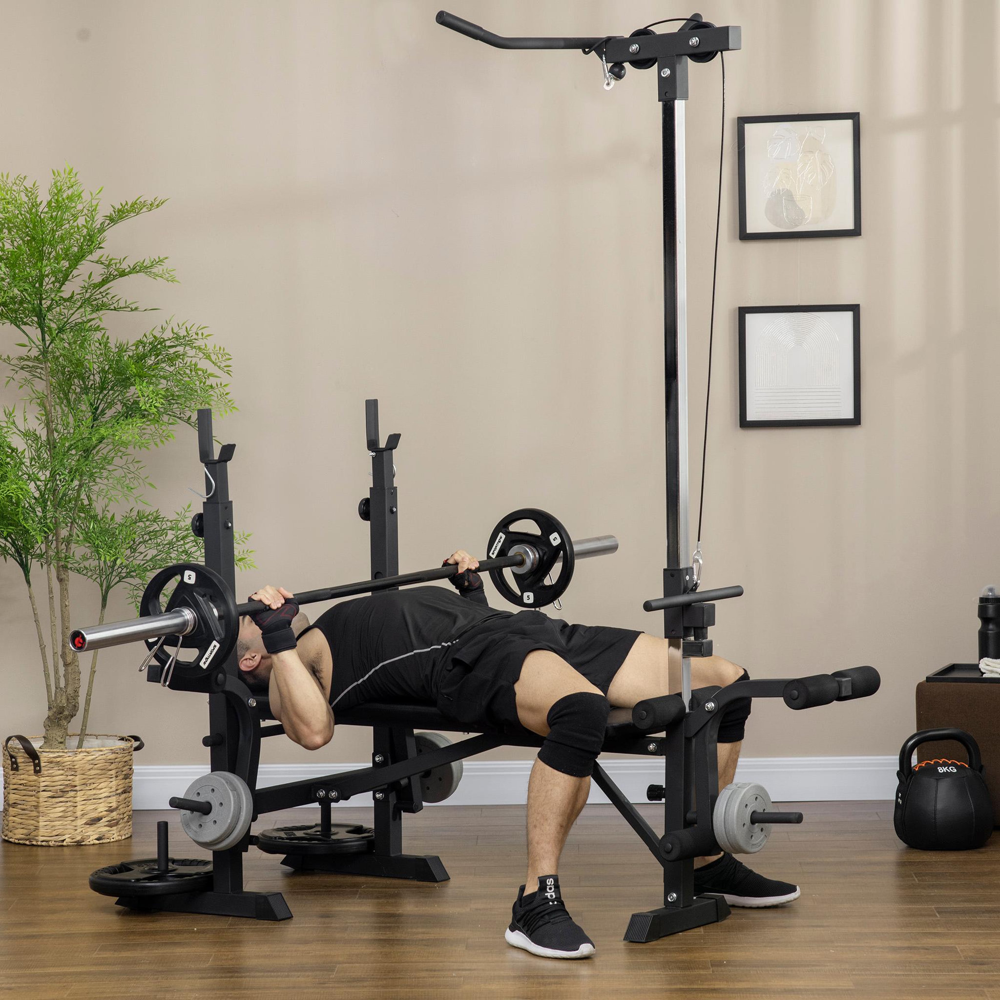 Voir la diapositive 4 : HOMCOM Banc de musculation complet multifonction réglable - poulie, support haltères, écarté pectoraux, banc - noir