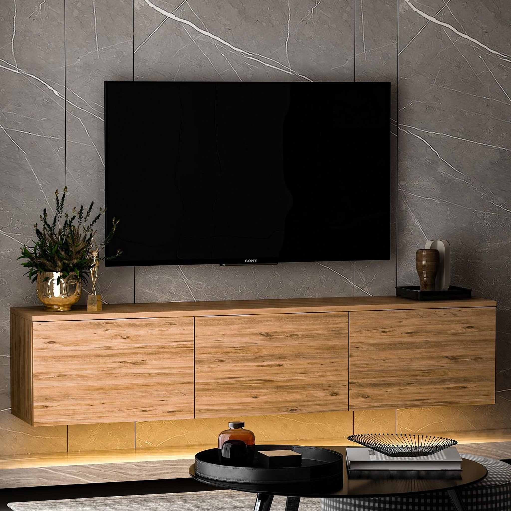 Voir la diapositive 3 : Habitat et Jardin Meuble tv suspendu en bois avec éclairage led  neon illuminated  - 160 x 32 x 35 cm - marron