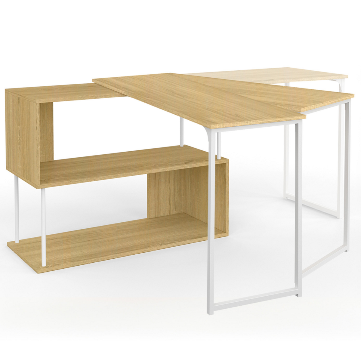 ID MARKET Bureau d'angle rotatif 180° DETROIT étagère forme S design industriel bois et métal blanc