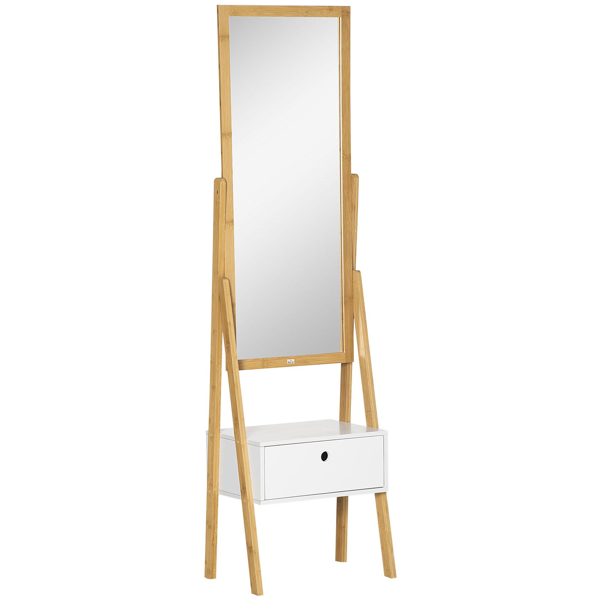 Voir la diapositive 1 : HOMCOM Miroir sur pied avec rangement tiroir en bambou et MDF - dim. 45L x 30l x 160H cm - blanc et naturel