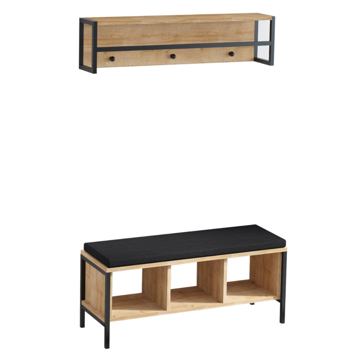 CONCEPT USINE Meuble d'entrée mural bois et noir avec 3 niches TORUN