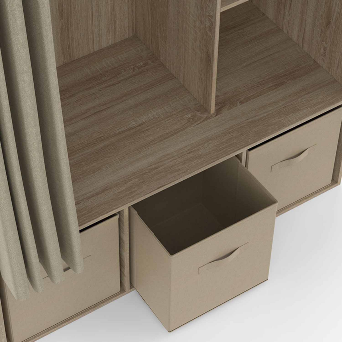 ID MARKET Dressing penderie DIANE 105 x 50 x 172 cm hêtre avec étagères + boites de rangement + rideau taupe