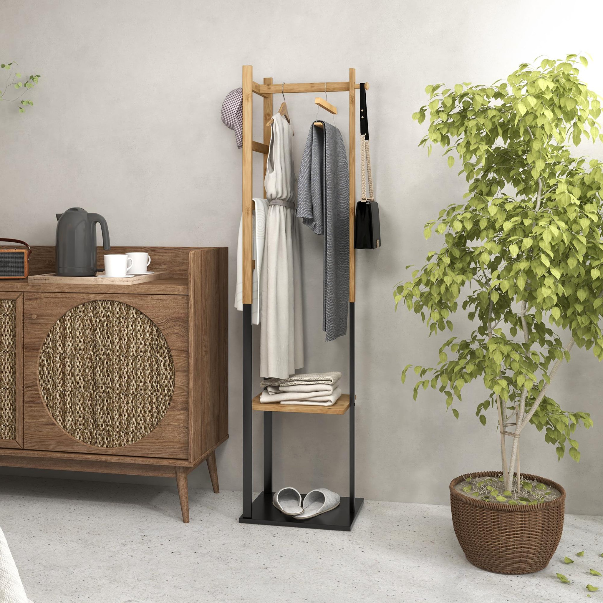 Voir la diapositive 5 : HOMCOM Portant pour vêtements en bambou, porte-manteau en bois avec tringle, étagères, patère, 4 barres latérales dim. 46l x 28,5l x 153,5h cm