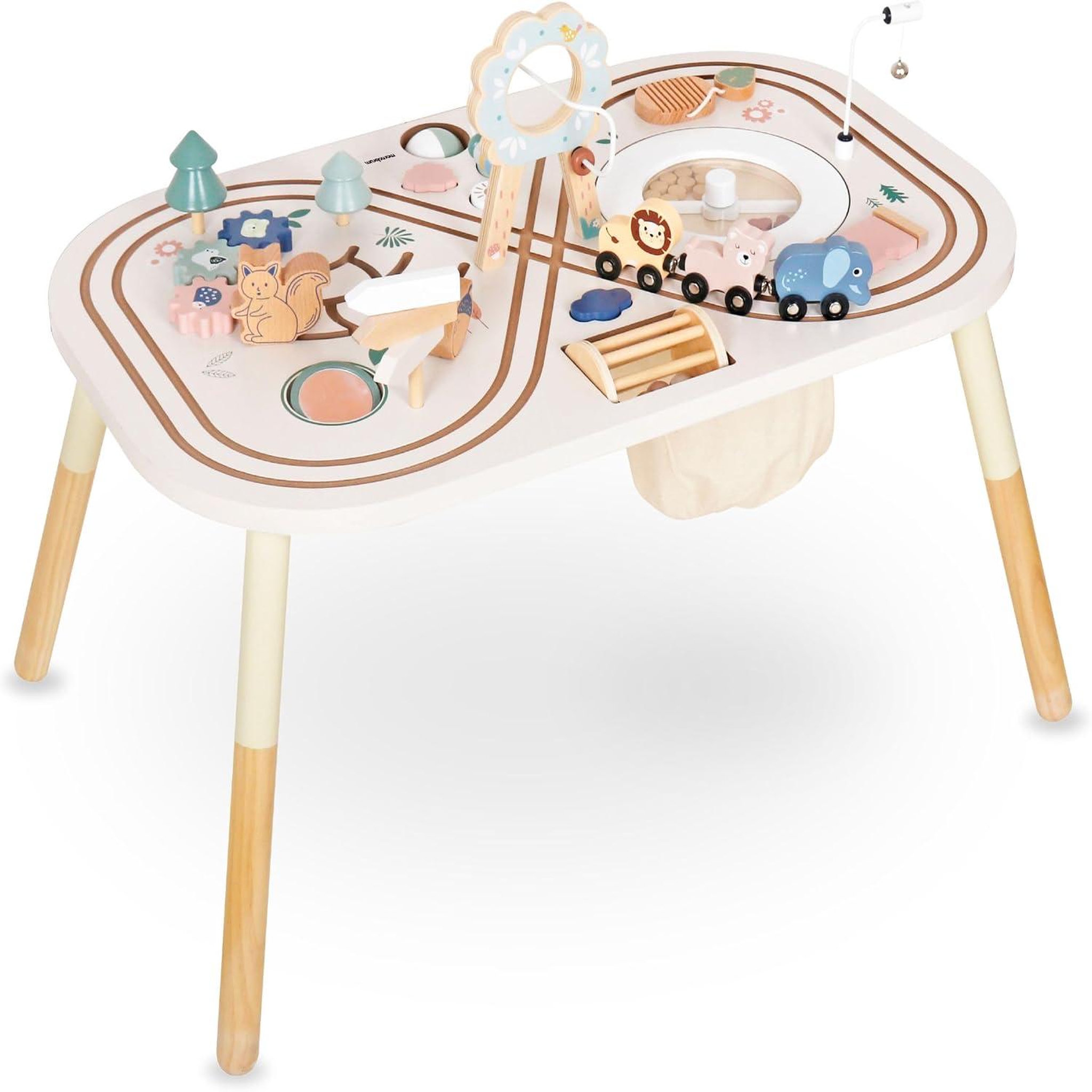 MAMABRUM Table d'activités Bois Jeux Éducatif Enfant 3+, Boucle Motrice avec Perles, trieuse de Forme, Hochet