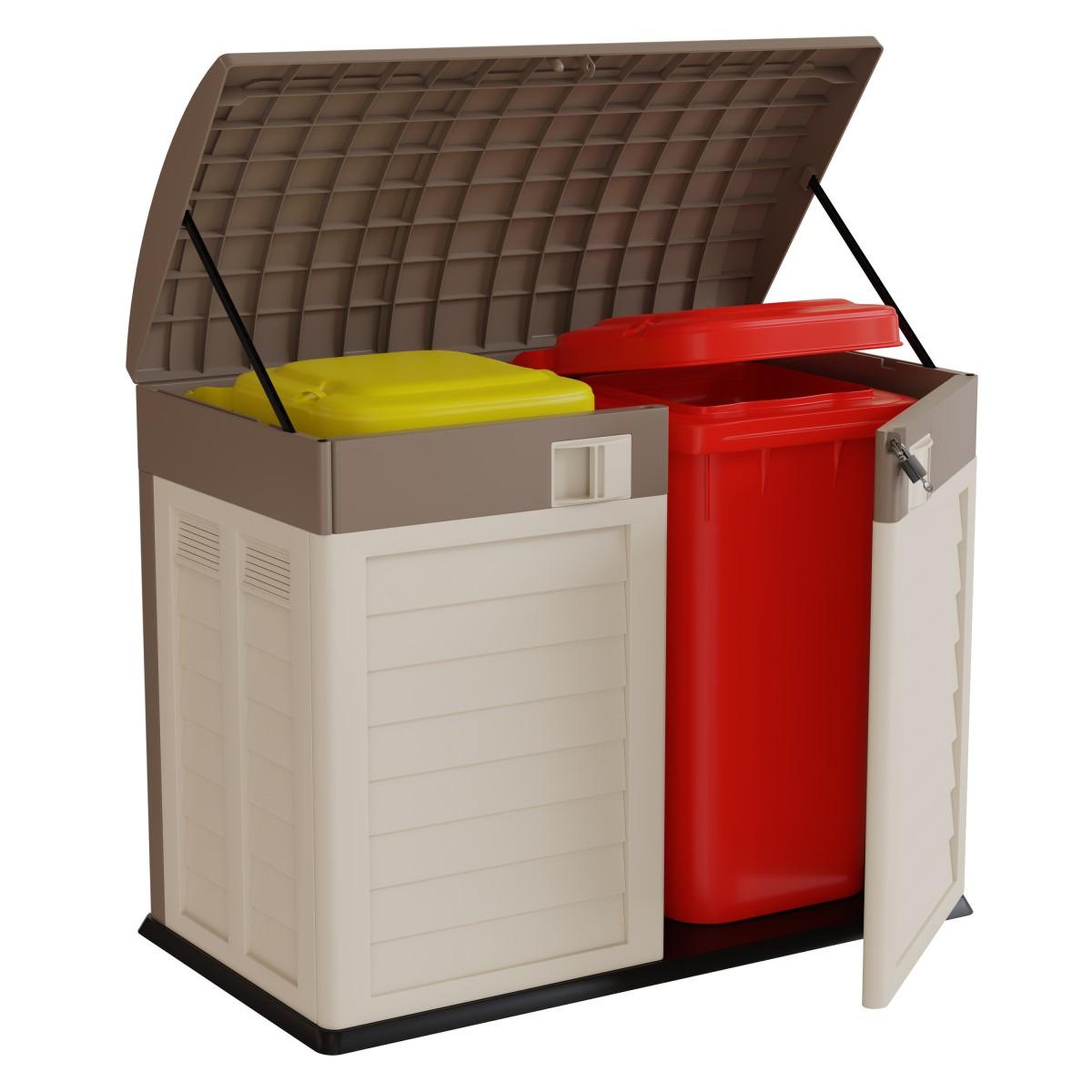 Voir la diapositive 2 : INTEC Coffre Rangement Poubelle 1500L - Cache Poubelle de Tri Polypropylène Ecru Taupe - Coffre de jardin Verrouillable par Cadenas