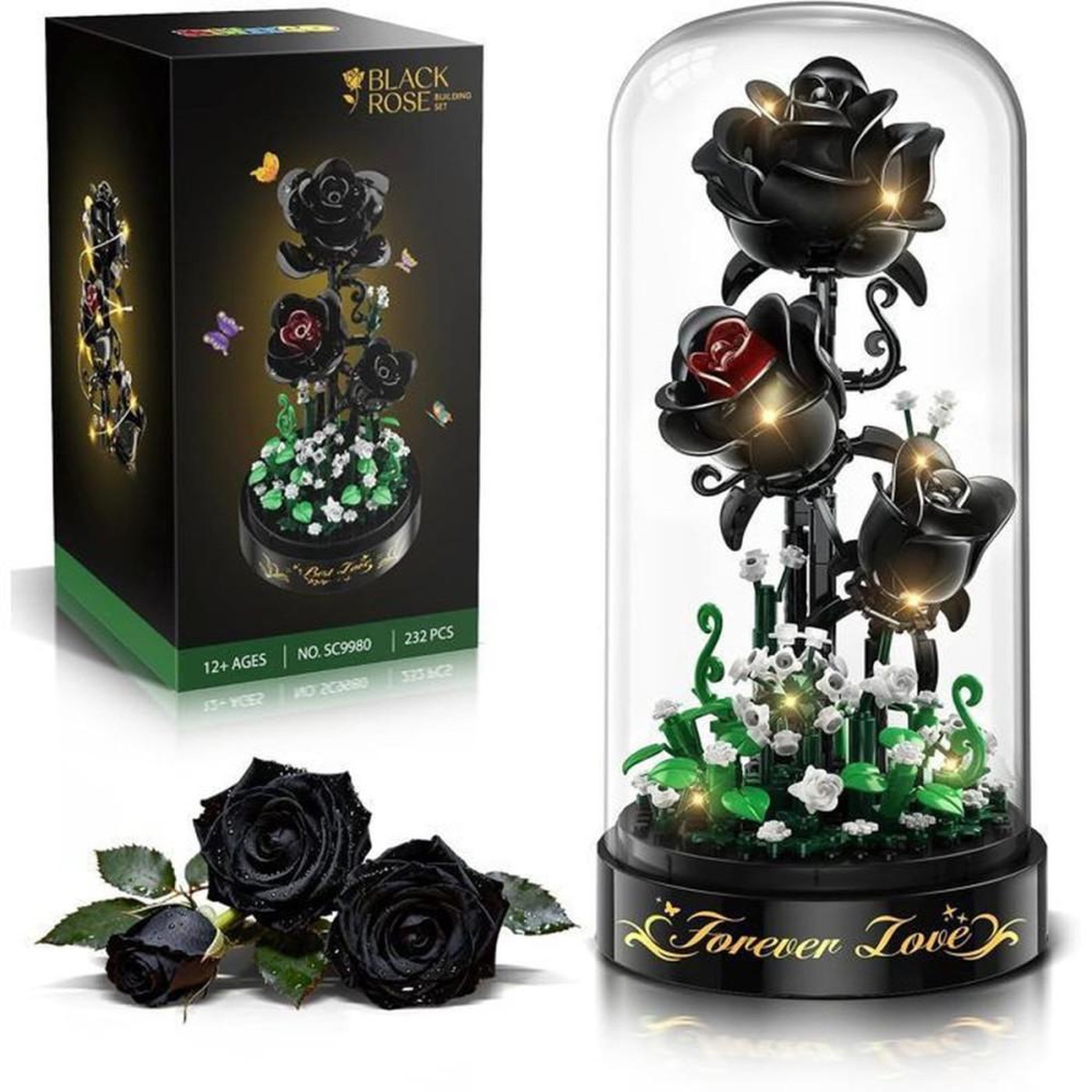 Bouquet de roses noires LED en coffret de construction, 232 mini-blocs 3,6 mm, dôme anti-poussière, pétales ajustables