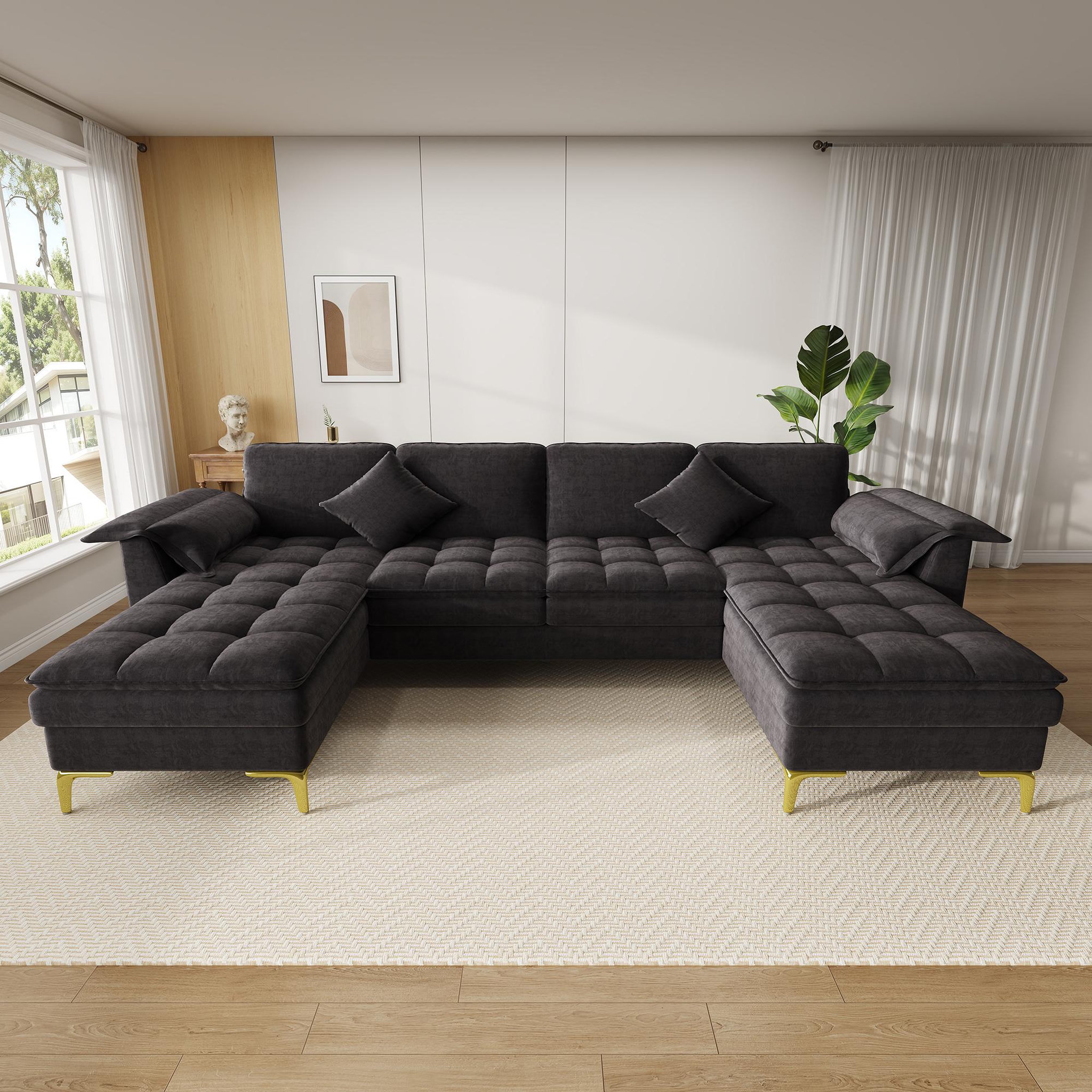 Voir la diapositive 4 : MERAX Canapé d'angle u modulable 4 places en chenille avec 2 méridiennes