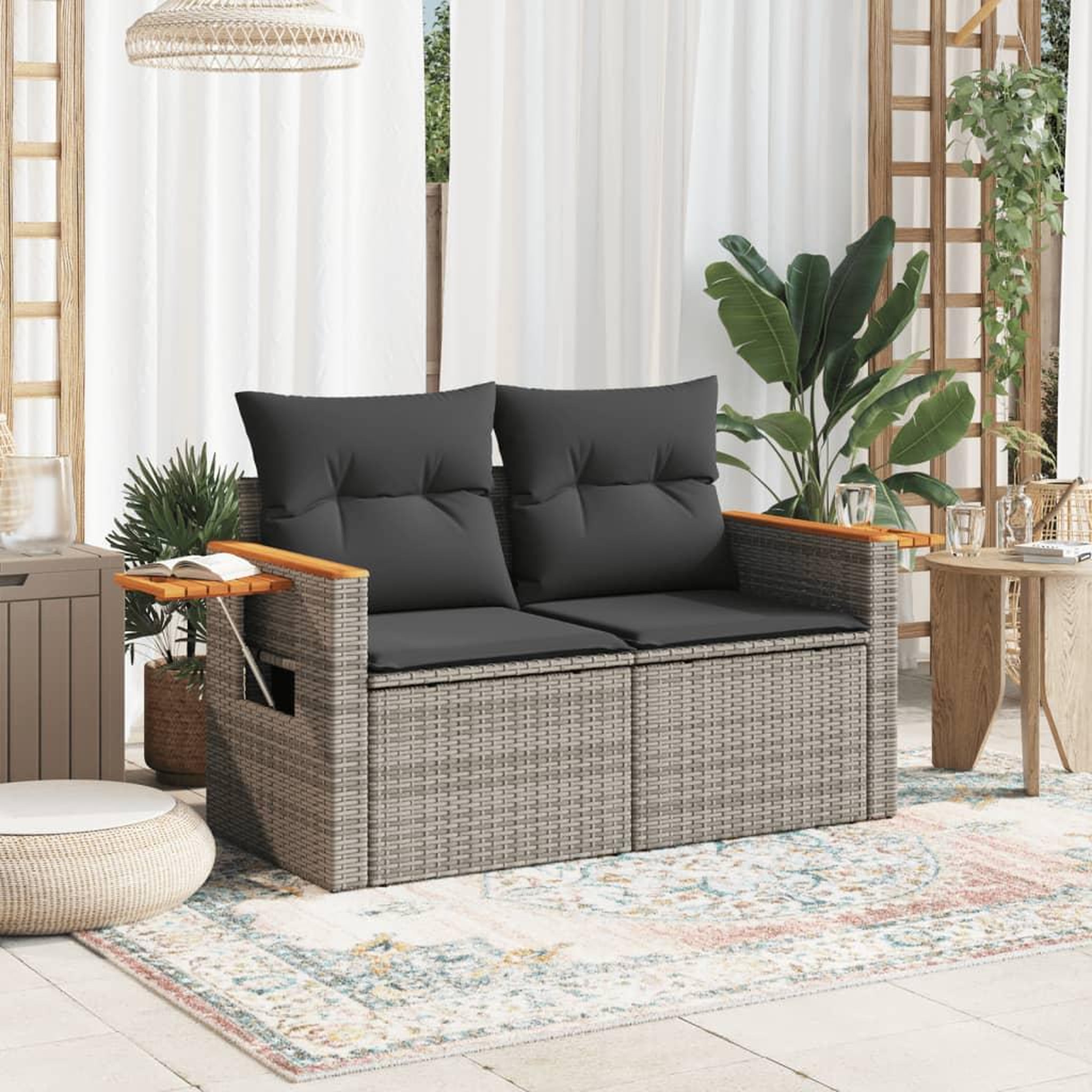 Voir la diapositive 3 : VIDAXL Canape de jardin 2 places avec coussins gris resine tressee