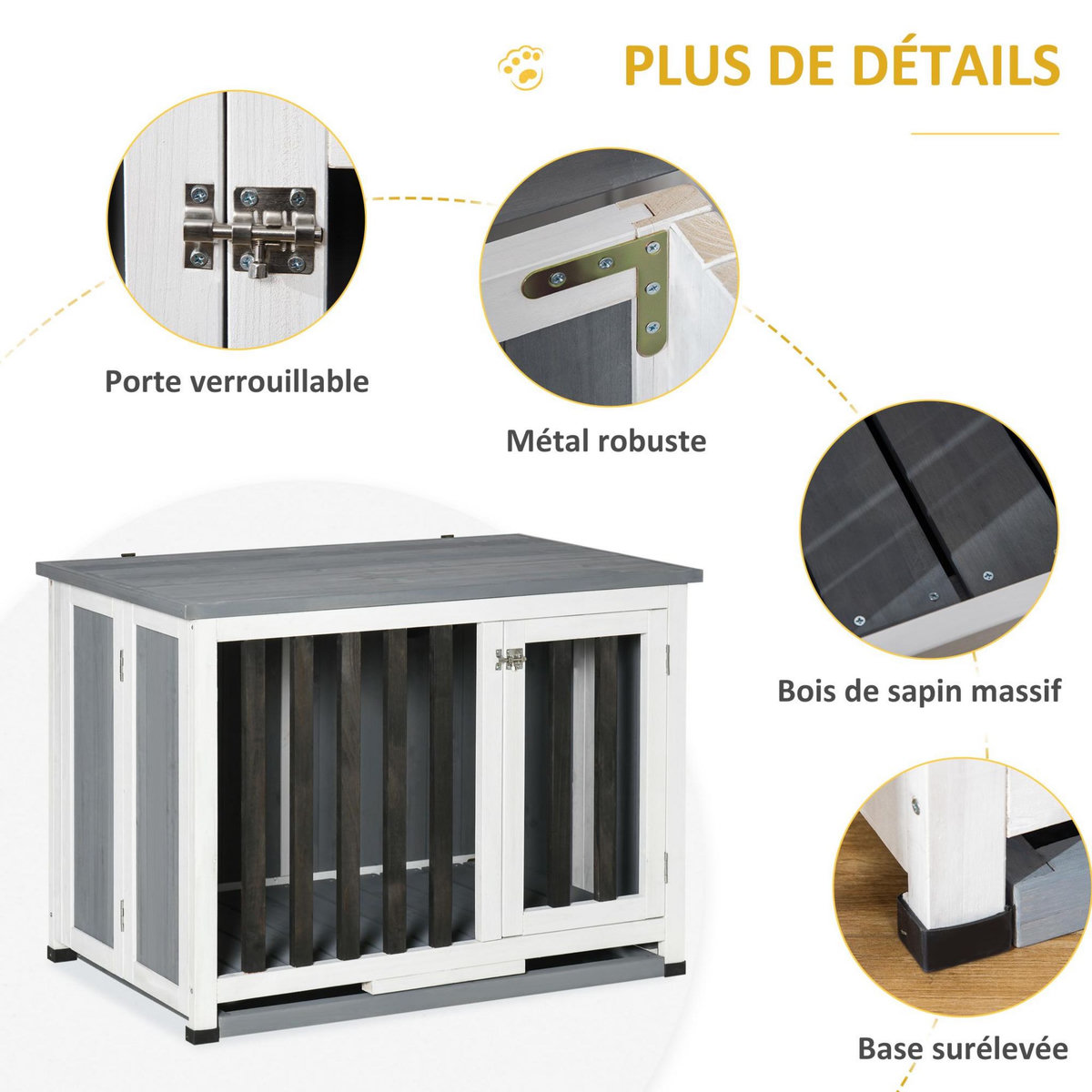 PAWHUT Cage pour chien animaux pliable dim. 84L x 51l x 61H cm porte verrouillable toit ouvrant plateau déjection bois sapin gris blanc noir