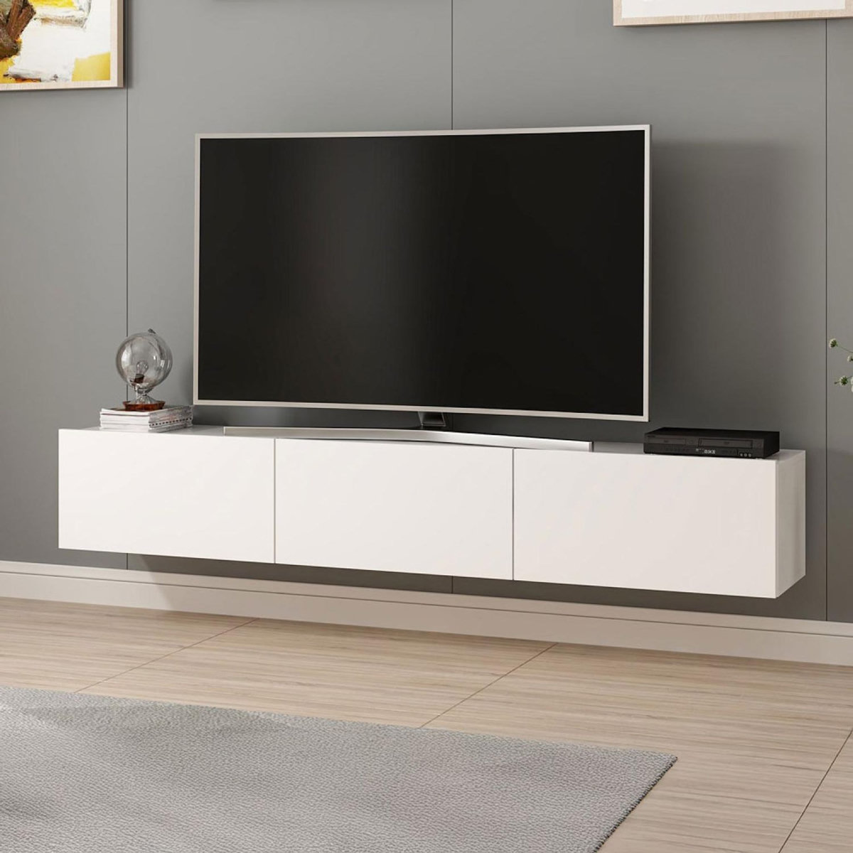 CONCEPT USINE Meuble TV suspendu avec placards blanc 180cm PARY