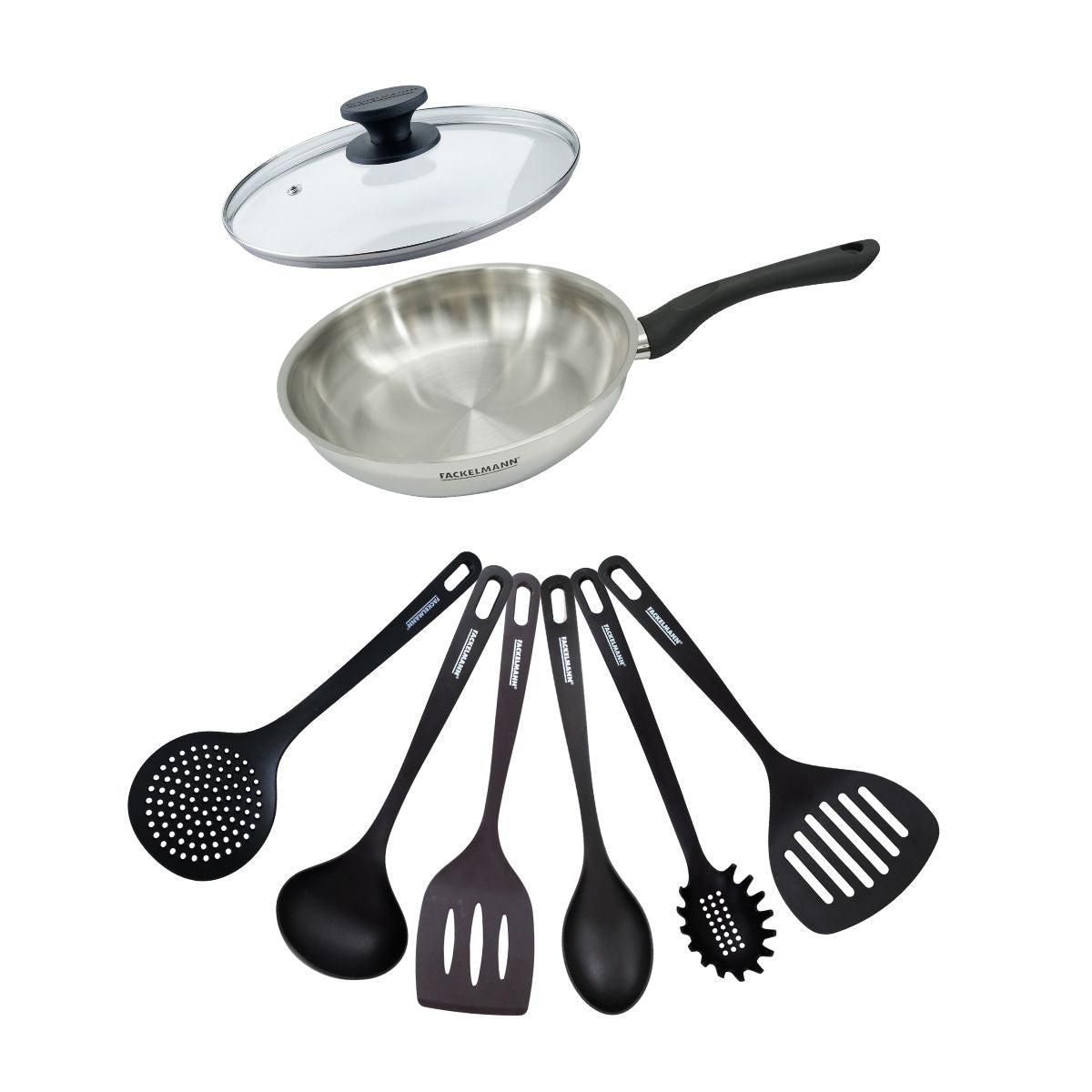 Fackelmann Set poêle 24 cm en inox, couvercle verre et 6 ustensiles Fackelmann Geneva