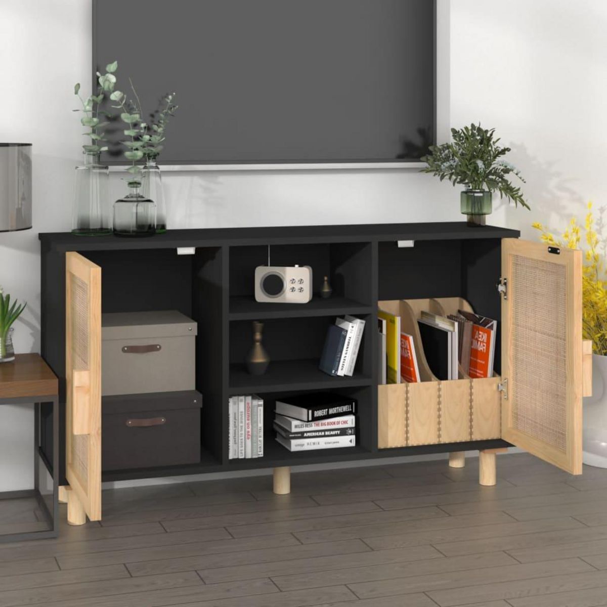 VIDAXL Buffet Noir 105x30x60 cm Bois de pin massif et rotin naturel