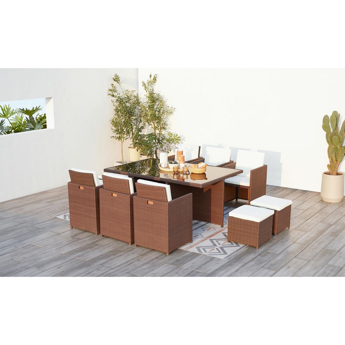 CONCEPT USINE Table et chaises 10 places encastrables résine marron-blanc MONACO