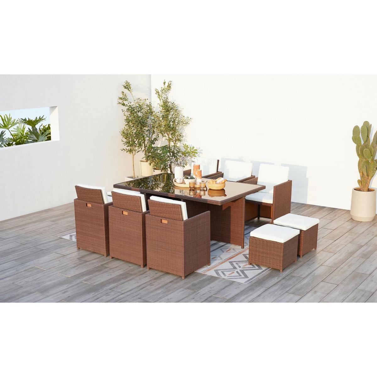 CONCEPT USINE Table et chaises 10 places encastrables résine marron-blanc MONACO