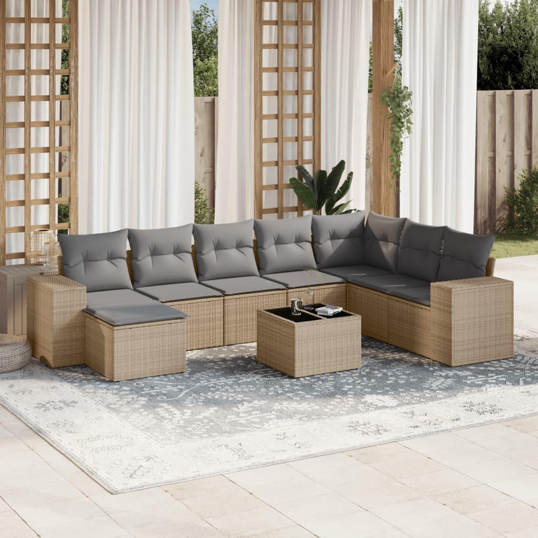 VIDAXL Salon de jardin avec coussins 9 pcs beige resine tressee