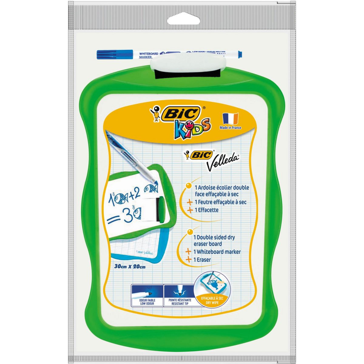 BIC Ardoise blanche 20x31cm bords coloris aléatoire + 1 feutre + 1 effacette