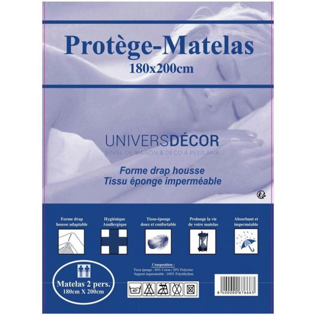 COTON PUR Protège matelas imperméable, absorbant et anti-acariens 180 x 200 cm