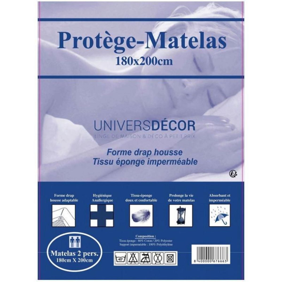 COTON PUR Protège matelas imperméable, absorbant et anti-acariens 180 x 200 cm