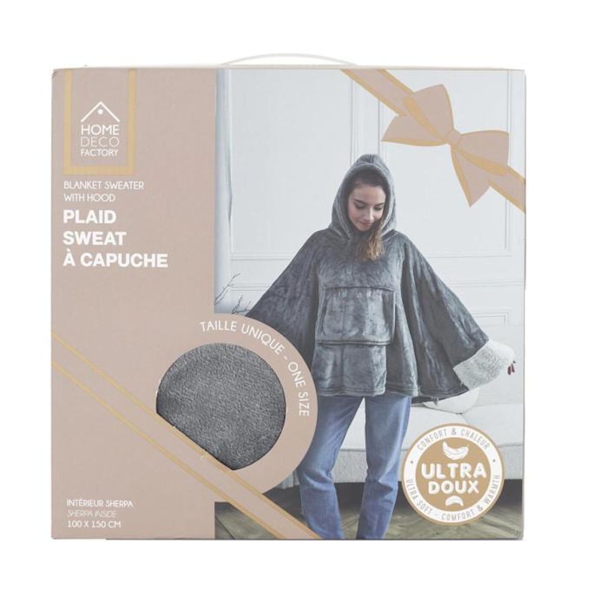 Paris Prix Plaid Poncho à Capuche  Sherpa  100x150cm Gris Foncé