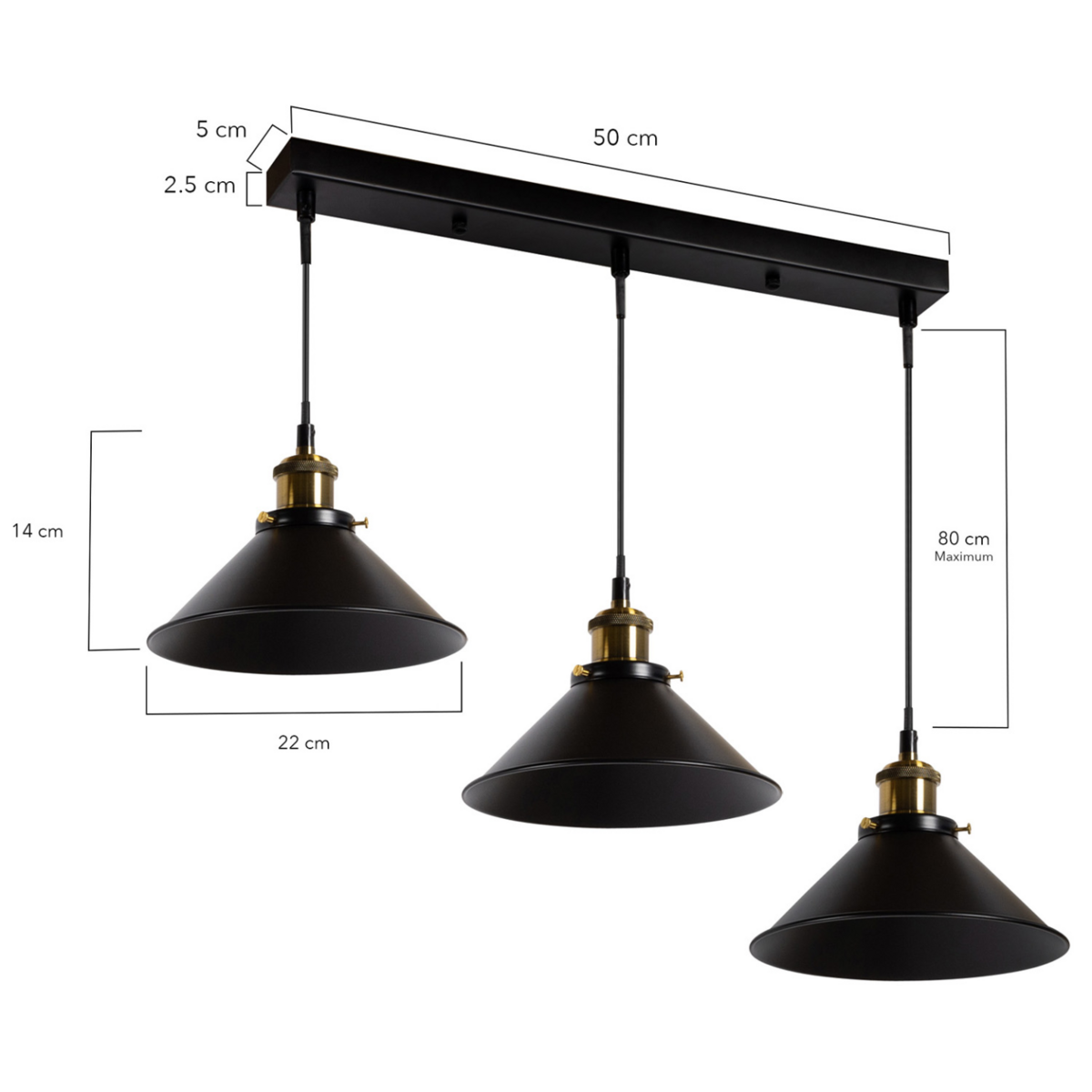ID MARKET Suspension 3 lampes industrielles vintage en métal noir