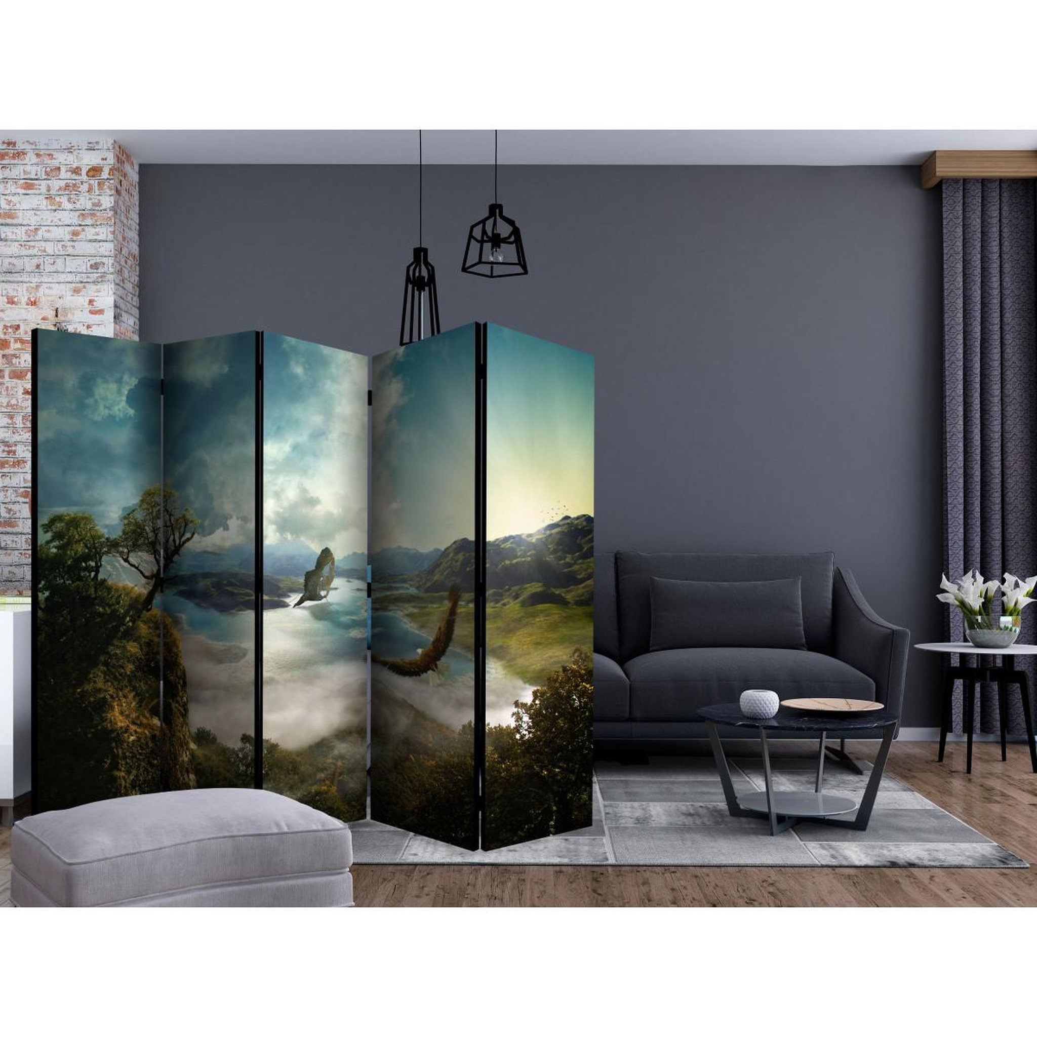 Voir la diapositive 2 : Paris Prix Paravent 5 volets  flight over the lake  172x225cm